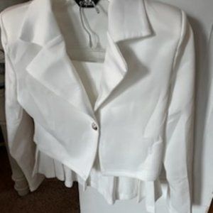 Long Sleeve Blazer Coat & White Pleated Skirt Set